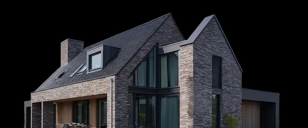 Modernes Ziegelhaus mit großen Fenstern, Schornstein und Dachgauben.