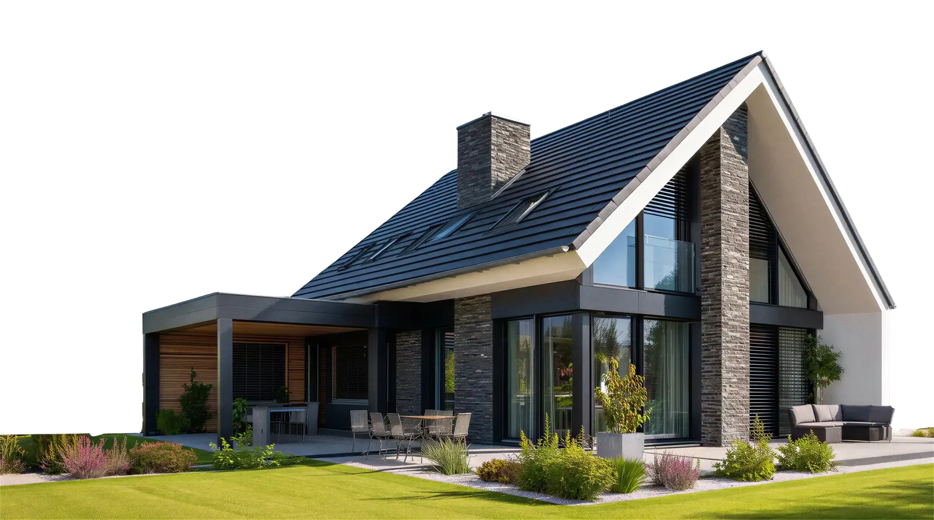 Modernes graues Einfamilienhaus mit Steinfassade, großen Fenstern, Schrägdach und Terrasse.