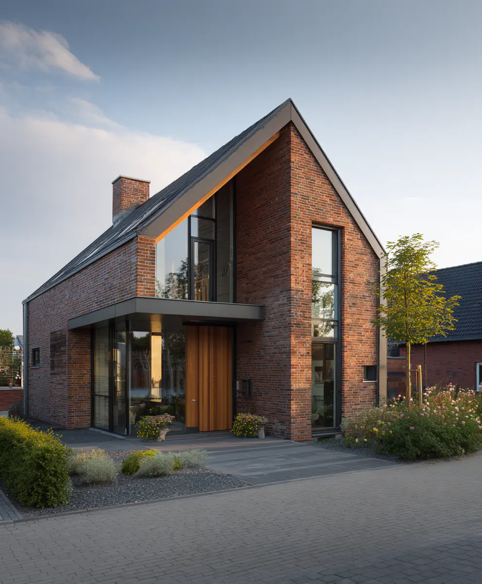 Modernes Haus aus rotem Backstein mit Holztür, großen Fenstern und Garten.